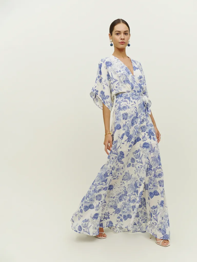 Blue and white floral relaxed fit gown with deep v neckline