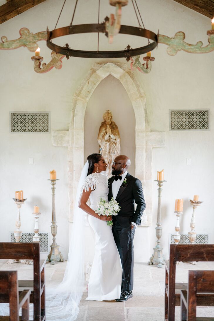 Couple Taking Pictures Inside French Chapel at The Club at Houston Oaks in Texas