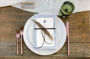 Rustic Place Setting with Feather, Menu and Rose Gold Flatware