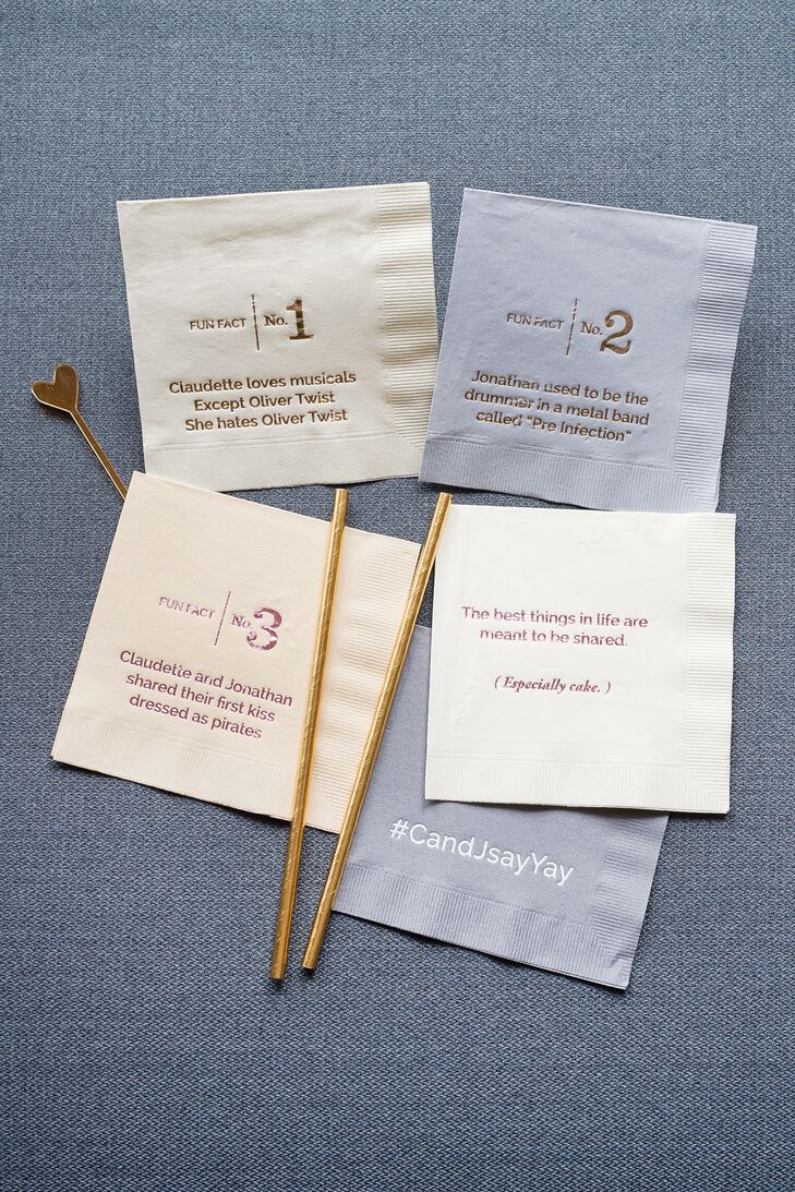 Signature sips weren’t the only way Claudette and Jonathan put a personal twist on cocktail hour. The couple had custom cocktail napkins made for the occasion, each featuring a fun fact about the pair, in addition to their wedding hashtag and inspirational quotes.