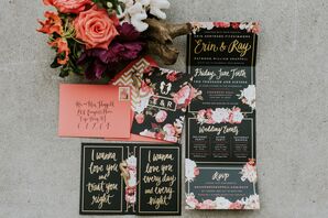 Black and Gold Floral Wedding Invitations with Seahorse Detail