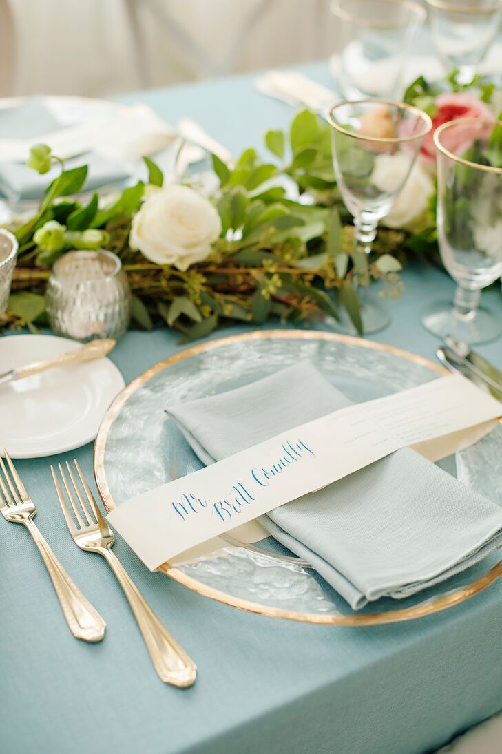 Preppy Pale Blue Place Settings with Gold Flatware
