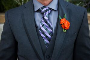 Formal Gray and Purple Menswear with Orange Boutonniere