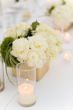 Simple, Classic White Peony and Hydrangea Centerpiece