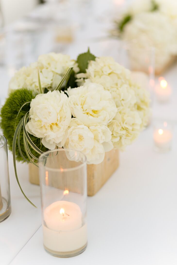 Simple, Classic White Peony and Hydrangea Centerpiece