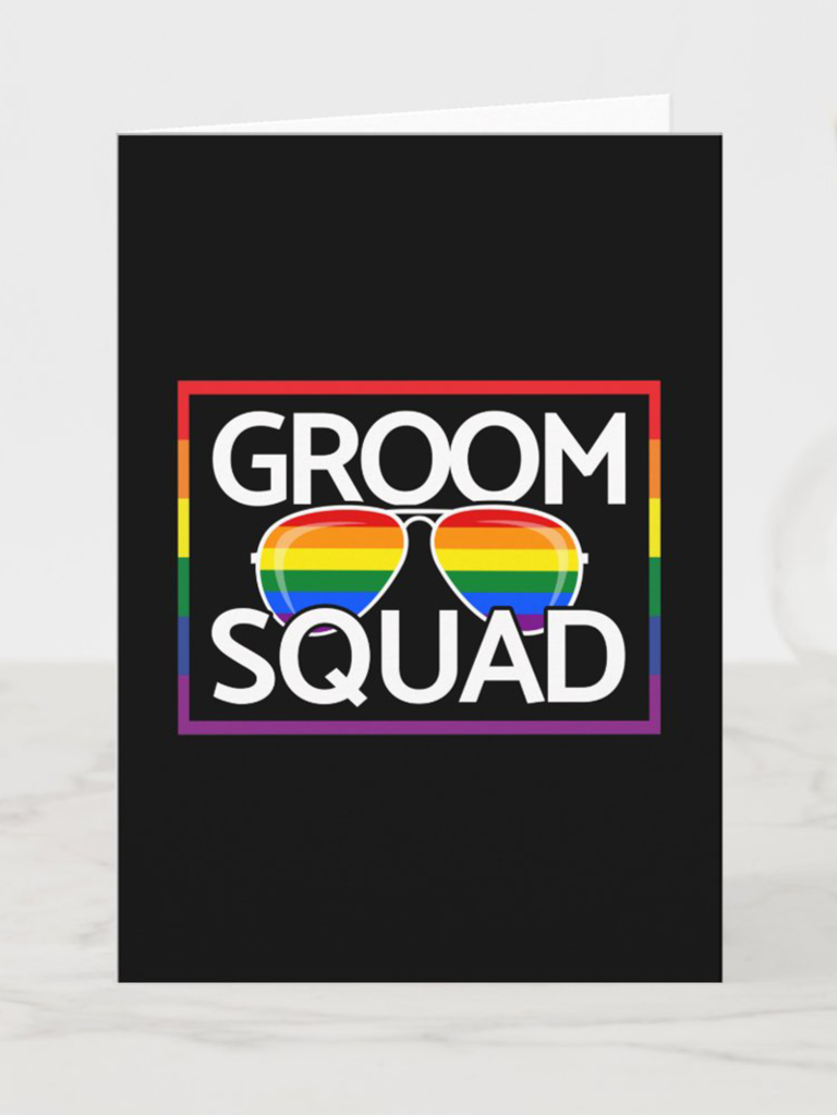Groom Squad card with rainbow border and aviators with rainbow lenses