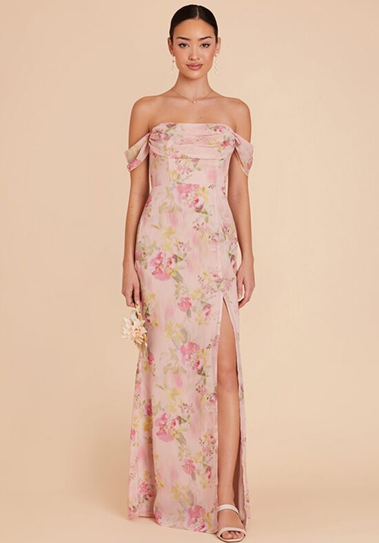 Birdy Grey Mira Chiffon Dress in Vintage Pink Floral Off the Shoulder Bridesmaid Dress - 1