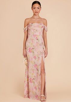 Birdy Grey Mira Chiffon Dress in Vintage Pink Floral Off the Shoulder Bridesmaid Dress