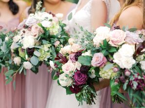 Bridesmaids With Mauve and Purple-Toned Bridal Bouquets