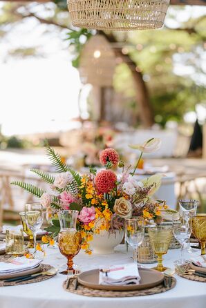 Colorful, Low Floral Arrangement, Goblets and Woven Place Mats at Hawaii Reception