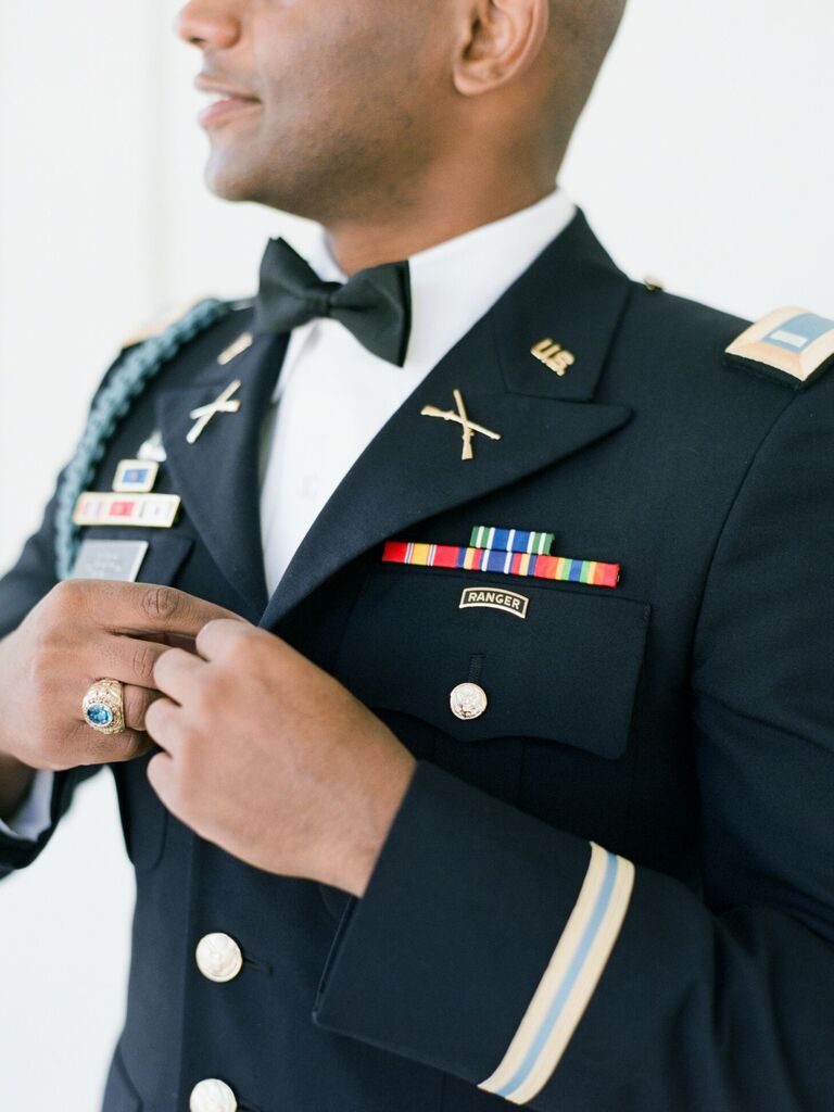 Groom in military uniform for wedding