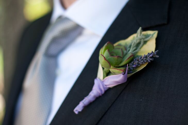 Dario's boutonniere included a simple mix of rustic elements including lavender and a succulent wrapped in light purple satin ribbon to match the event's color palette.