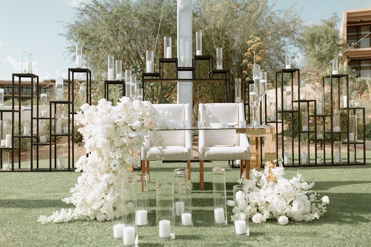 Glam Sweetheart Table With Lush White Floral Arrangement