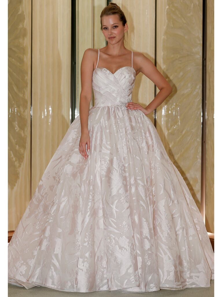 Randy Fenoli Fall 2019 Bridal Collection blush spaghetti strap ball gown with floral embroidery