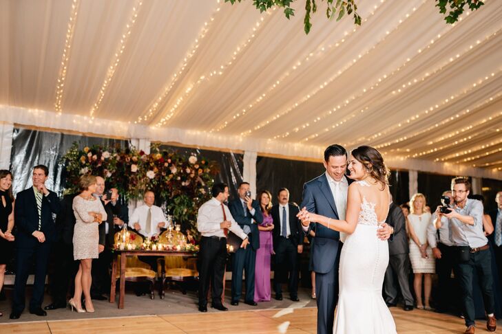 First Dance in Tented Reception Space Lined with Overhead Lighting