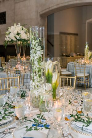 The Elegant Wedding Reception Included Gray Linens and Tall Vases of Roses, Hydrangeas, Snapdragons and Orchids