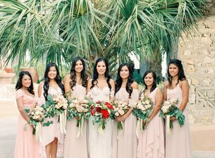 Shereen and Thomas looked to their venue—Villa Antonia—for design inspiration for their blush, gold and silver celebration. “We loved the old-world st