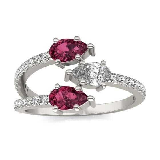 Charles and Colvard Lab Grown Ruby and Diamond Couture Three-Stone Engagement Ring in 14K White Gold 
