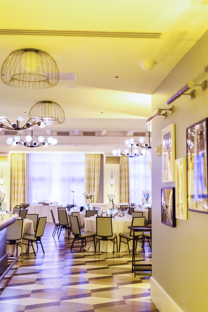 For the on-site reception at the Confidante in Miami Beach, Florida, Wes and Jay maintained the modern yet vintage-inspired look. "We wanted it to look like a 1950s Miami Beach wedding reception," Wes says. "The design was sleek and modern yet had a vintage vibe. The centerpieces were sleek calla lily arrangements that were masculine and modern."