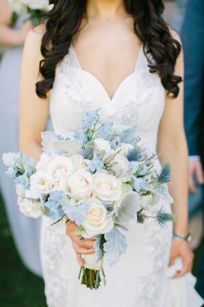 Pale Blue Delphinium, Thistle and Dusty Miller Bouquet