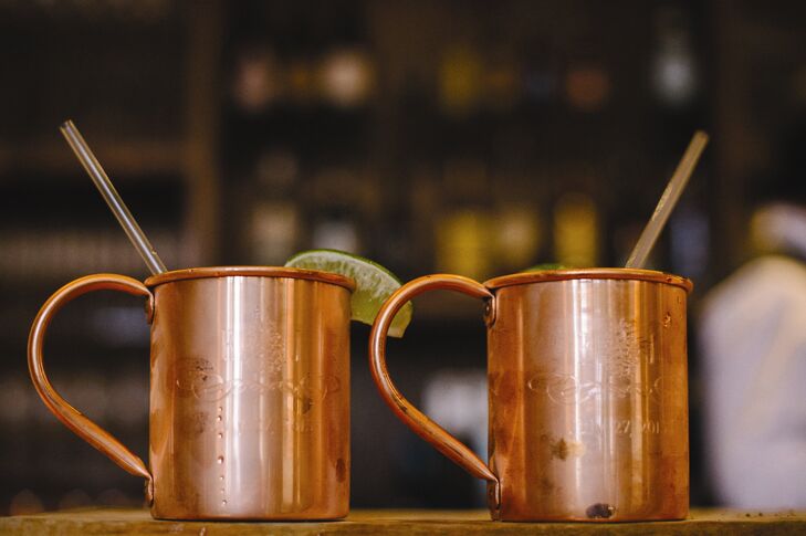 The couple's signature cocktail, the Moscow Mule, was served in bright copper mugs.