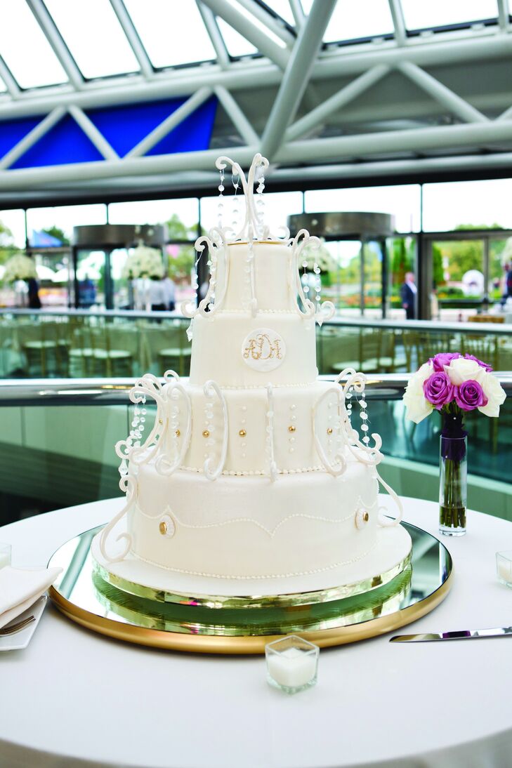 Ashley and Alex's embellished cake was made to look like a chandelier, complete with draped crystals.