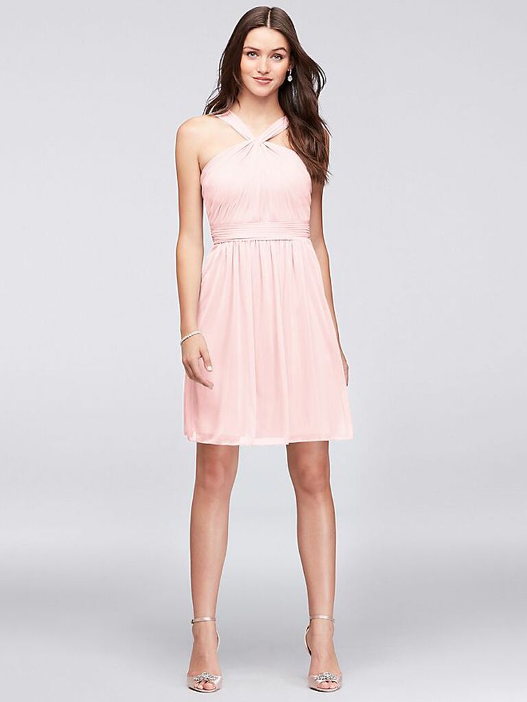 Blush short bridesmaid dress with halter neck