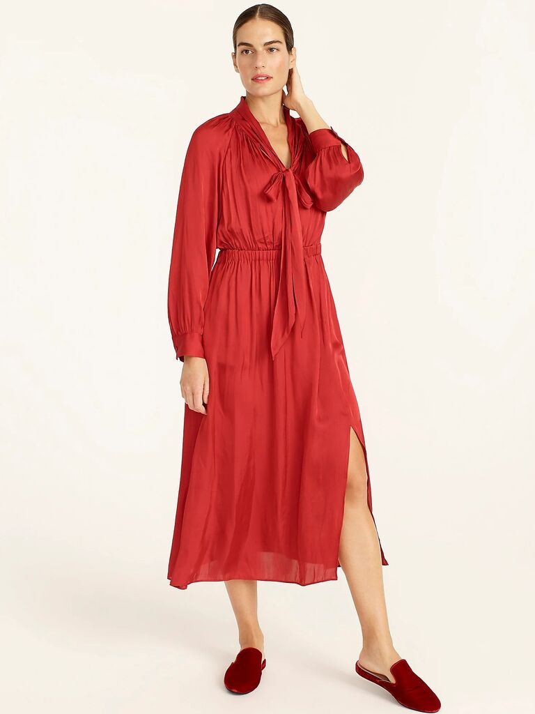 Red long sleeve midi dress with tie neck