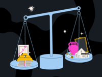 prenup transaction illustration weighing on a scale the various items and logistics that go into a prenuptial agreement