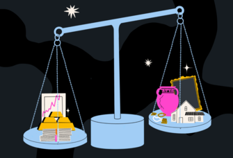 prenup transaction illustration weighing on a scale the various items and logistics that go into a prenuptial agreement