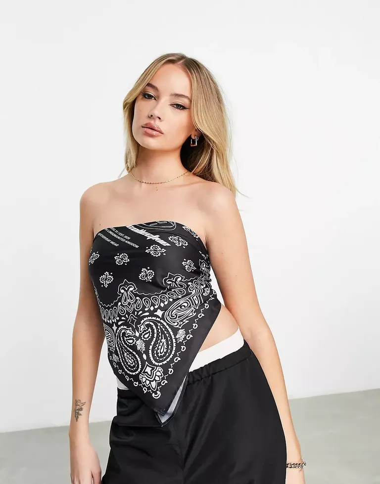 black strapless bandana top with western design