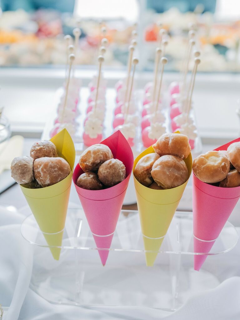 Cones of donut holes dessert idea for bridal shower. 
