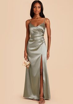 Birdy Grey Catherine Shiny Satin Dress in Moss Green V-Neck and Plunge Bridesmaid Dress