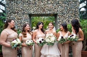 Gold Bridesmaid Dresses With White and Green Bouquets