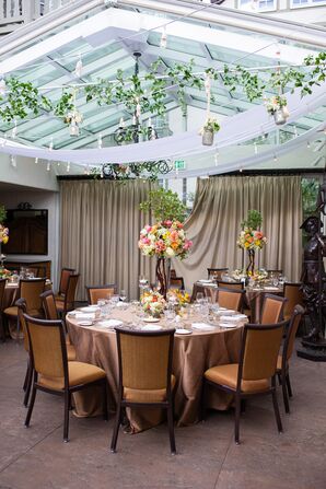 Hanging Mercury Glass Floral Arrangements and String Lights