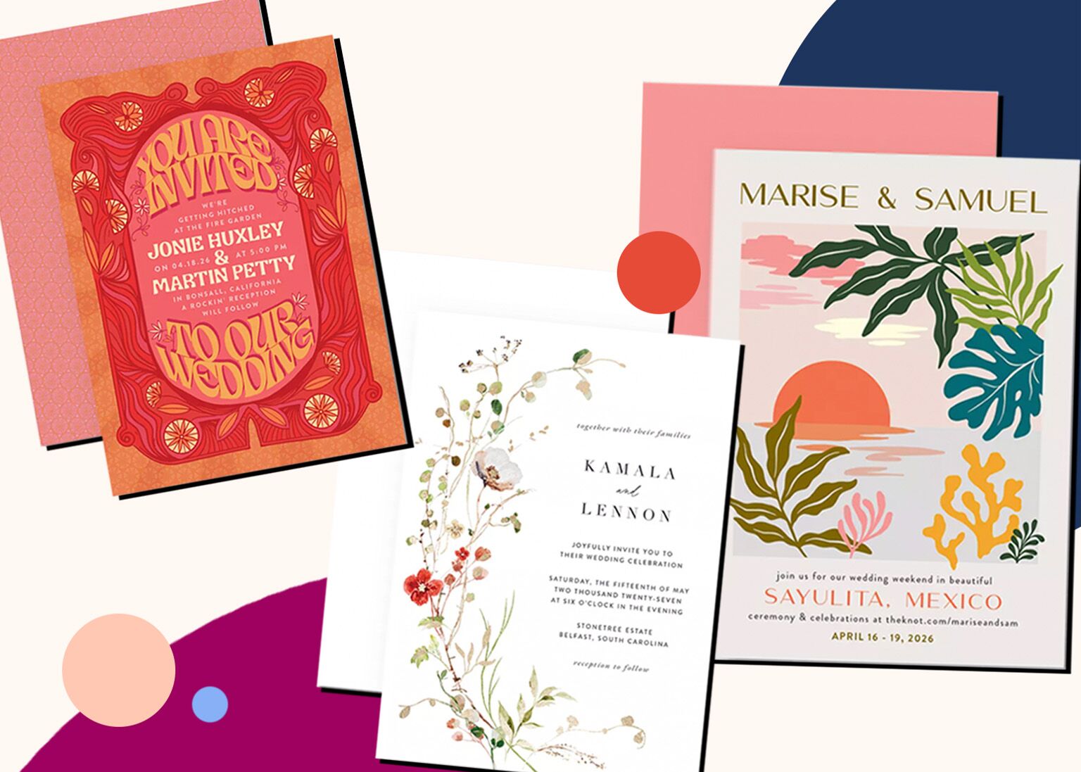 retro, tropical and floral summer wedding invitations