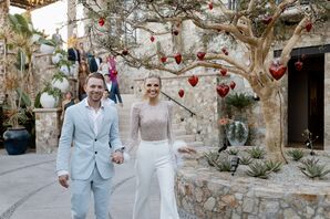 Bride in Sequin Sheer Top, White Pants and Groom in Light Blue Suit, Courtyard Rehearsal Dinner