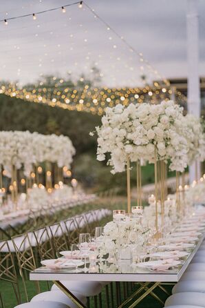 Tall White Centerpieces and Canopy of Twinkle Lights