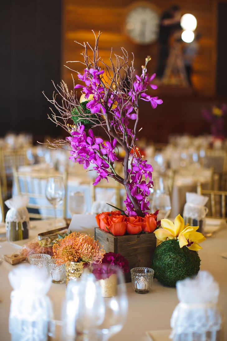 Bright Purple Orchid and Red  Rose Centerpieces