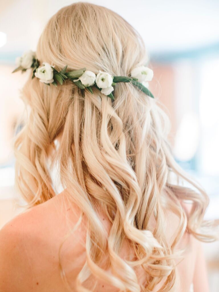 wedding hair flowers half up with thin greenery crown