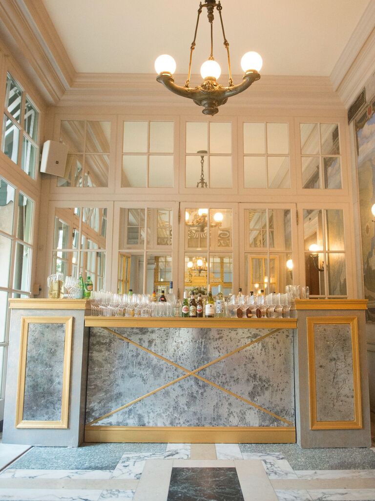 Silver foil bar top space for indoor-outdoor wedding reception