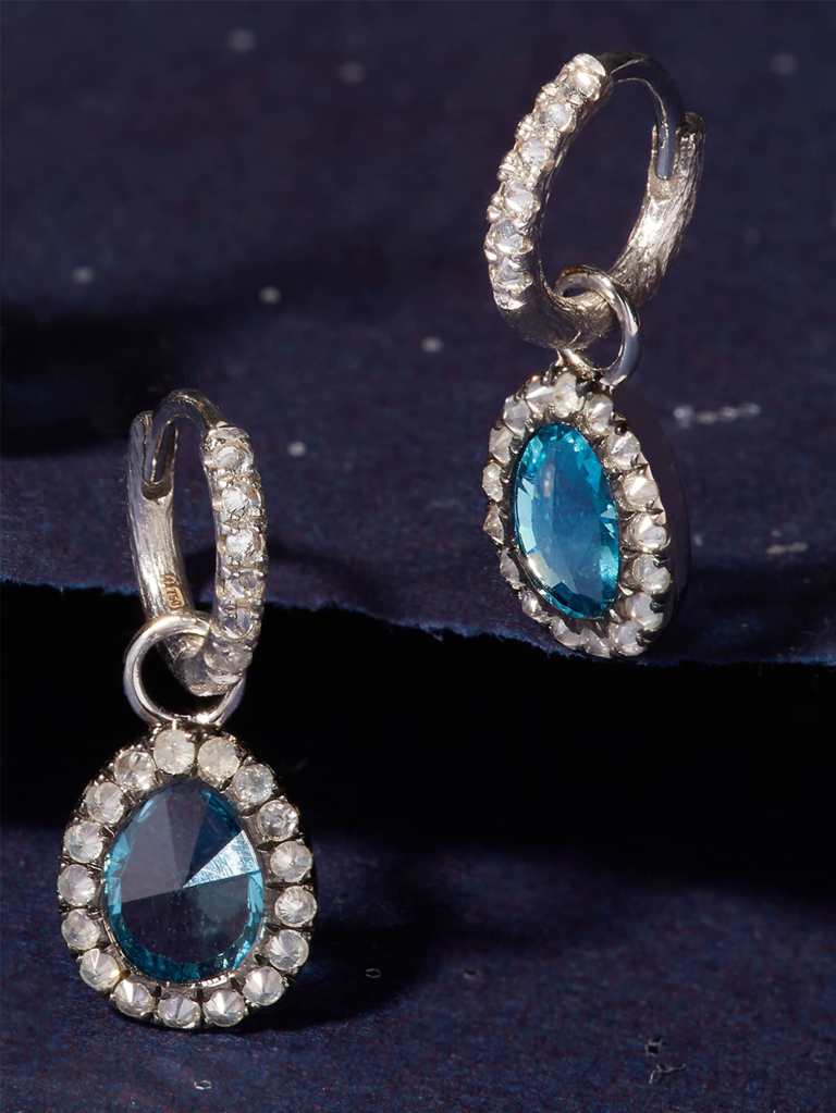 Teardrop topaz dangling earrings with diamond halo