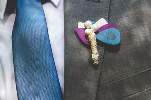 Plum, Light Blue, and White Guitar Pick Boutonniere