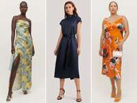 collage of three silk wedding guest dresses