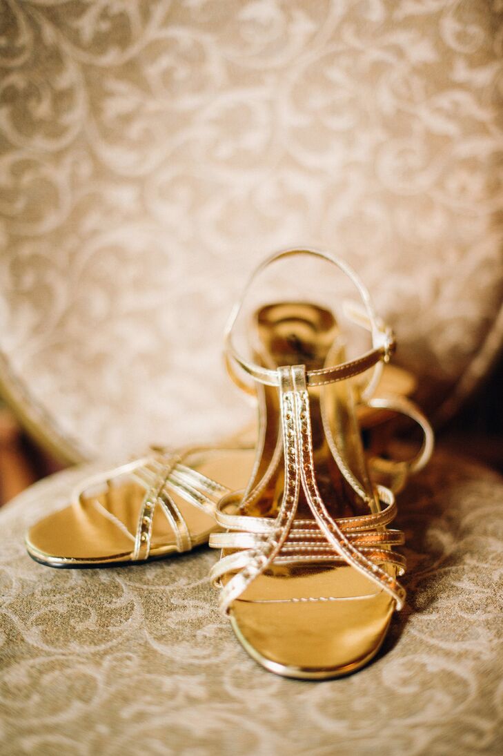 Indhu's strappy gold sandals complemented the custom sari she wore at the reception.
