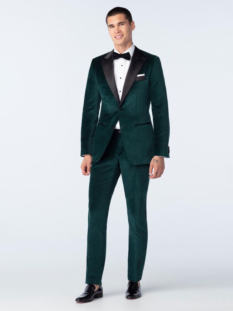 Indochino emerald velvet tuxedo for black-tie winter wedding attire