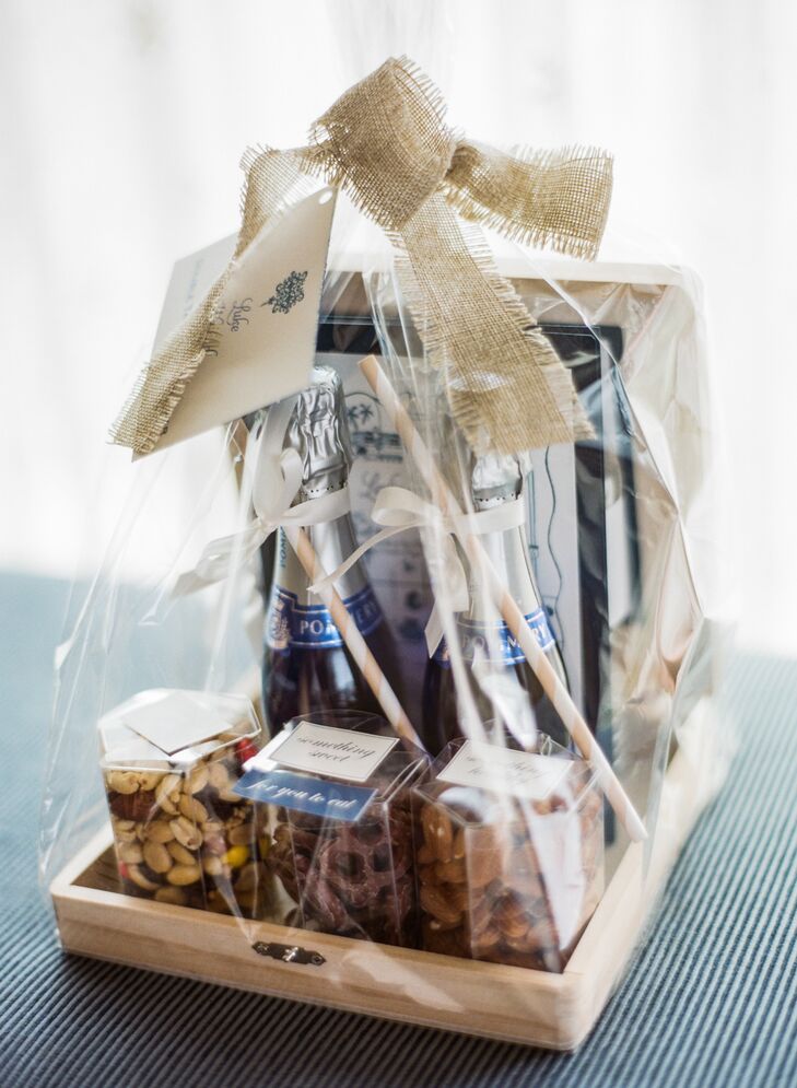 Gift baskets complete with miniature champagne bottles and matching straws, snacks and an activity schedule, welcomed the out-of-town guests.