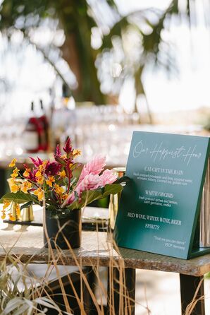 Green Bar Menu With Signature Cocktails and Colorful Arrangement, Hawaii Reception