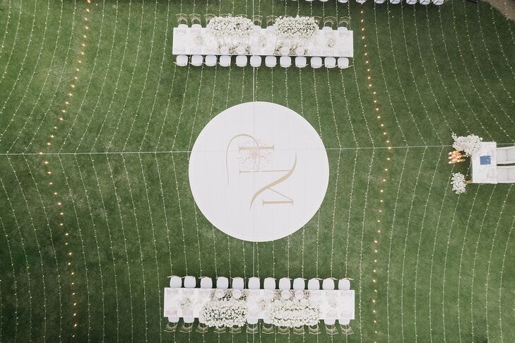 Aerial Drone Photo of Glam Reception With Monogrammed Dance Floor