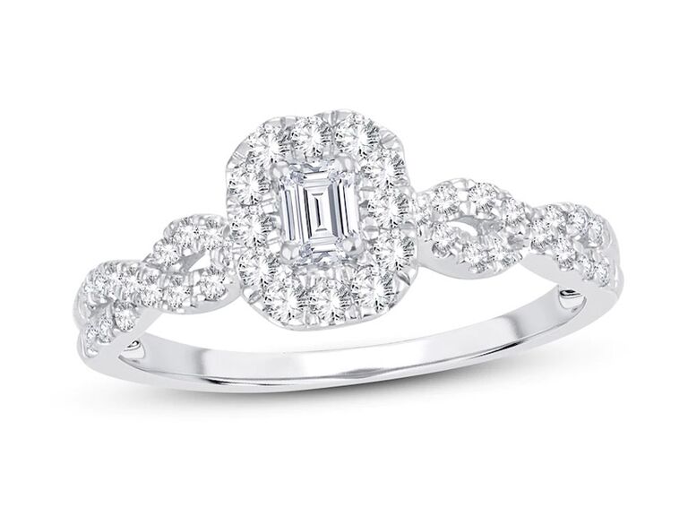 jared emerald cut diamond engagement ring with round diamond halo round diamond twisted shank and white gold band